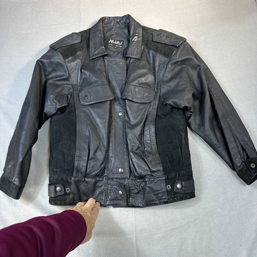 Moto Jacket Black Leather Mens Small Women's Large Micki‎ Biker 80s
